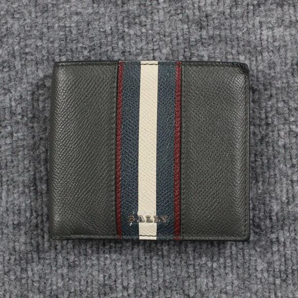 Bally Bevye Wallet Pebbled Leather Bifold Mens Green Red White Stripe Billfold - Picture 1 of 9